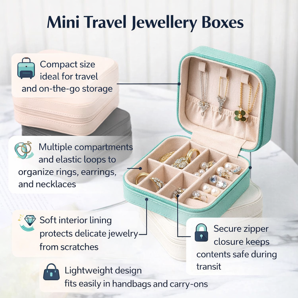 AI Product Builder image Benefits infographic illustrating multiple compartments and soft lining protecting jewelry