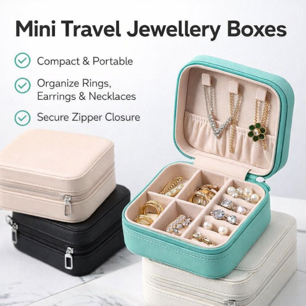 AI Product Builder image Hero image showing a compact travel jewelry box open with organized rings, earrings, and necklaces inside